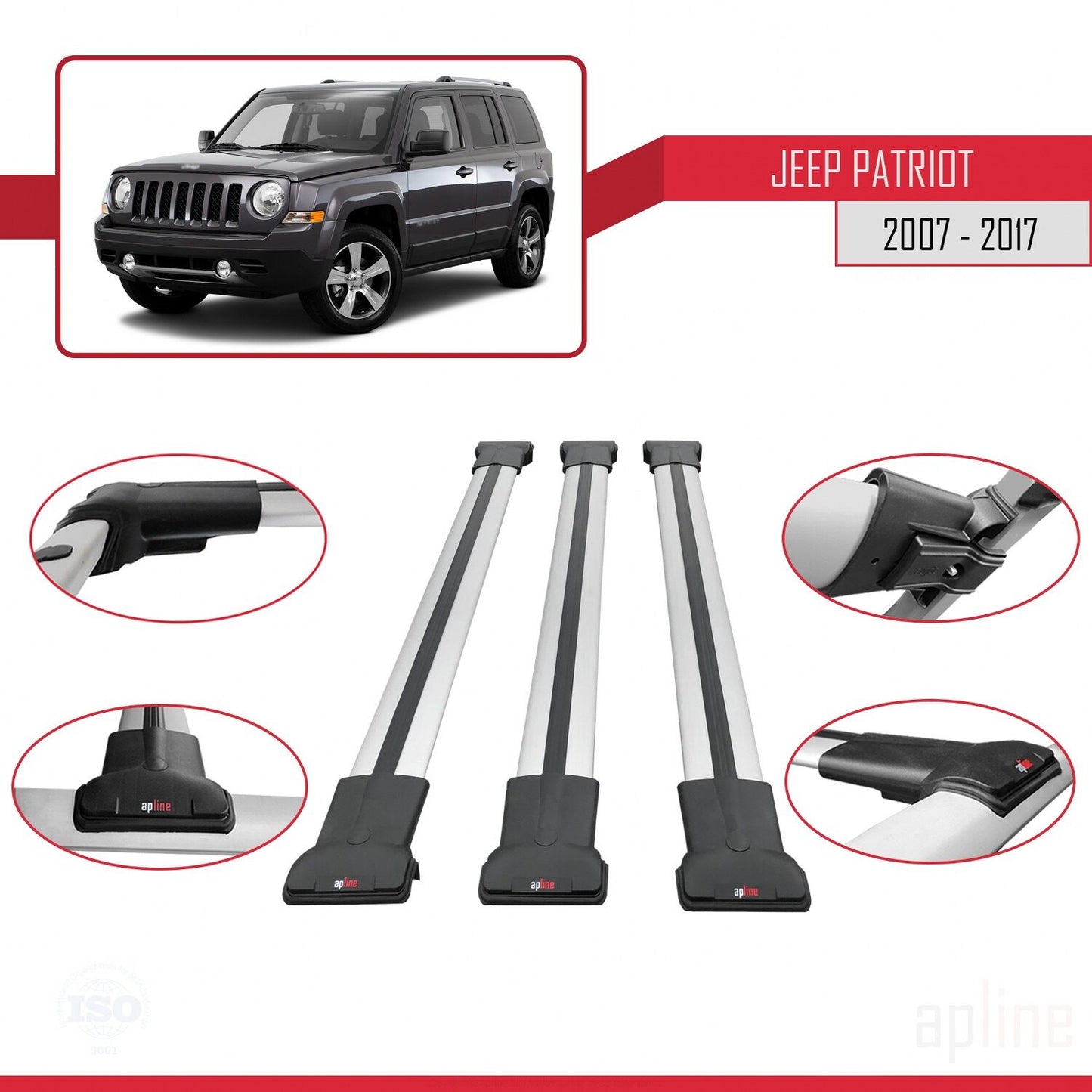 Compatible avec Jeep Patriot 2007-2017 FLY Model Barres de Toit Railing Porte-Bagages de Voiture Gris Aluminium 3 Barres