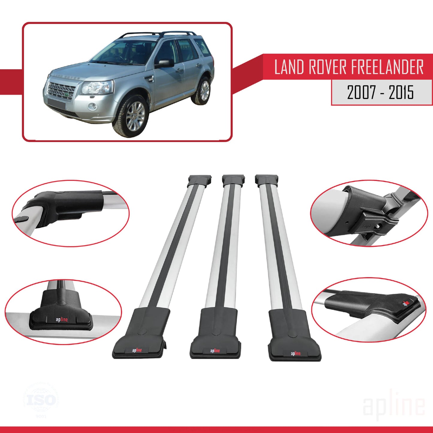 Compatible avec Land Rover Freelander 2 (L359) 2007-2015 FLY Model Barres de Toit Railing Porte-Bagages de Voiture Gris Aluminium 3 Barres