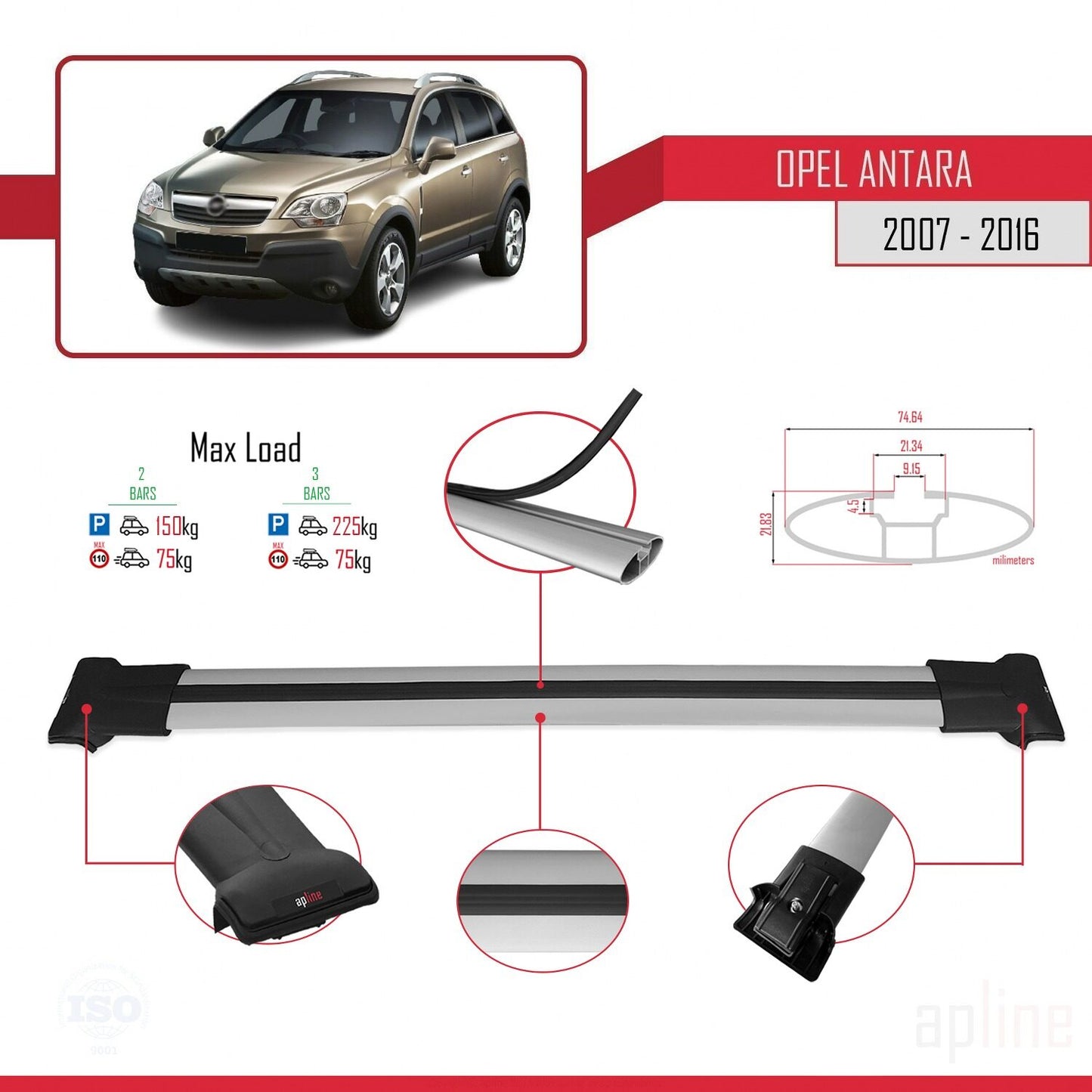 Compatible avec Opel Antara 2007-2016 FLY Model Barres de Toit Railing Porte-Bagages de Voiture Gris Aluminium 2 Barres