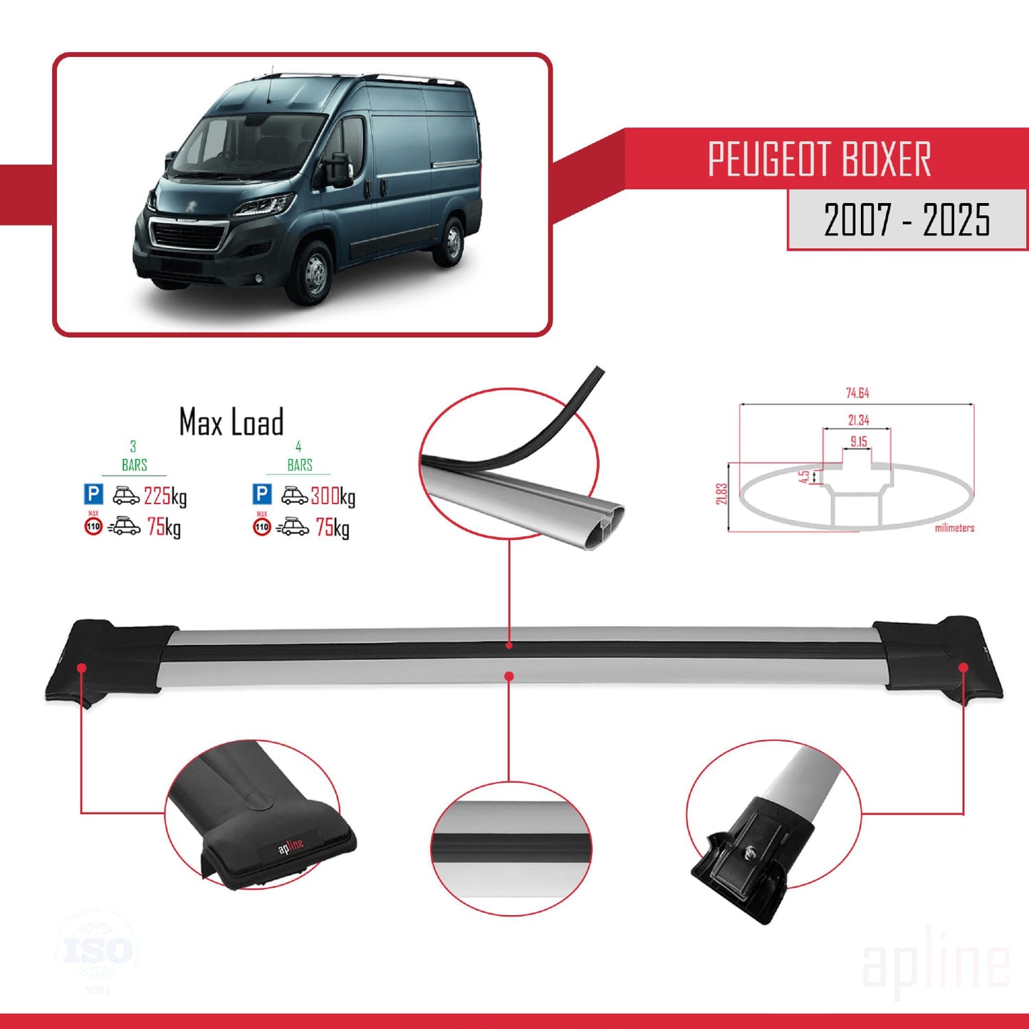 Compatible con Peugeot Boxer 2 2007-2025 FLY Model Barras de Techo Auto Portaequipajes Barras Transversales Gris Aluminio 3 Barras