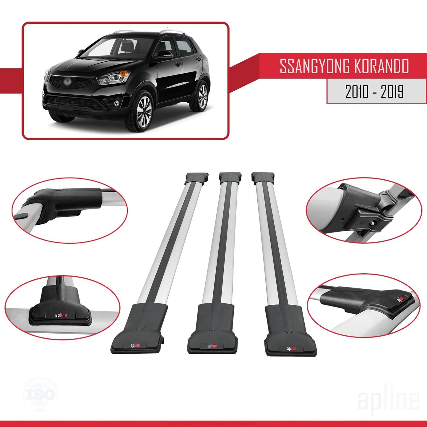 FLY Model Dakdrager bagagedrager compatibel met Ssangyong Korando 3 (C200) 2010-2019 Spoorstaven Grijs Aluminium 3 Staven