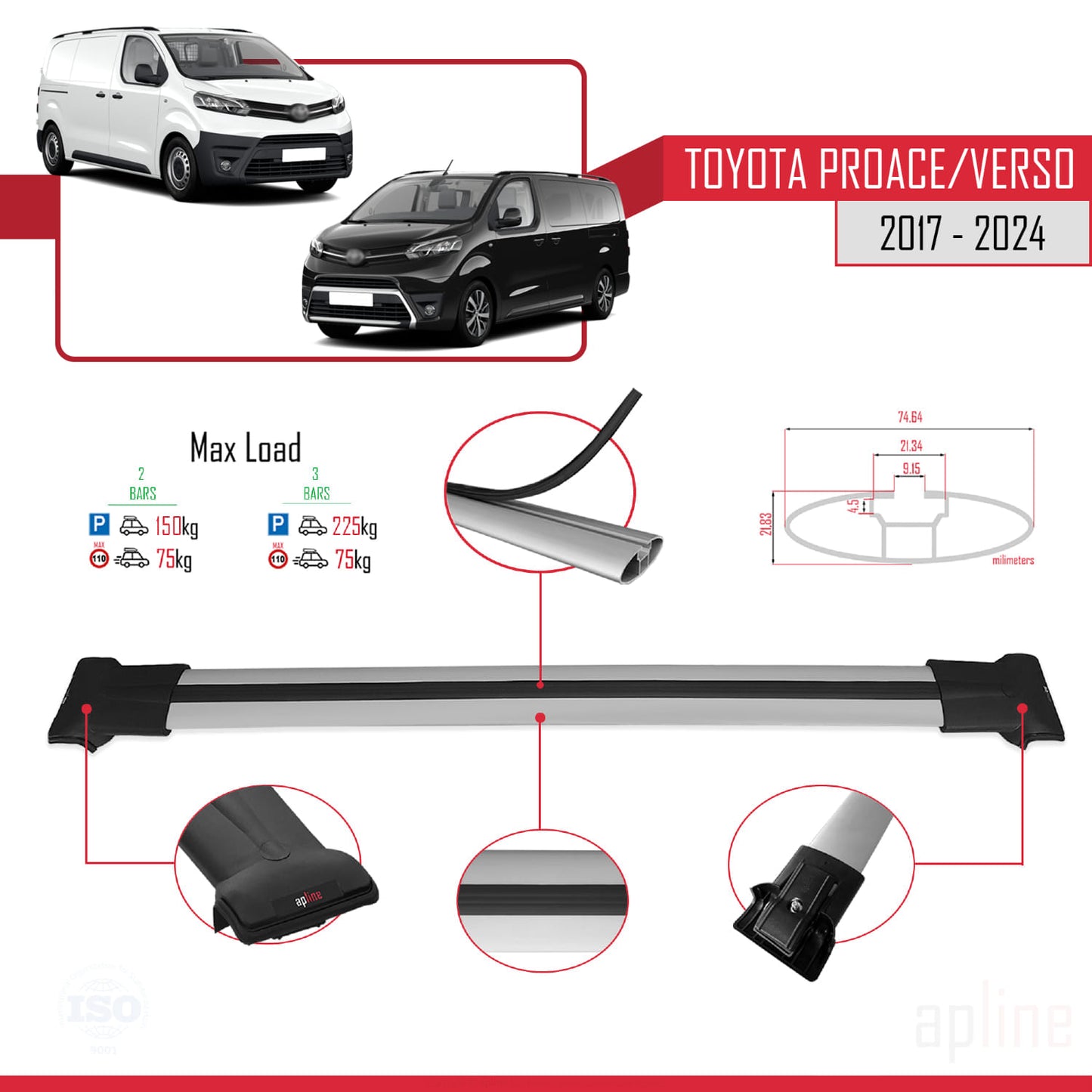 Compatible avec Toyota Proace 2017-2025 FLY Model Barres de Toit Railing Porte-Bagages de Voiture Gris Aluminium 2 Barres
