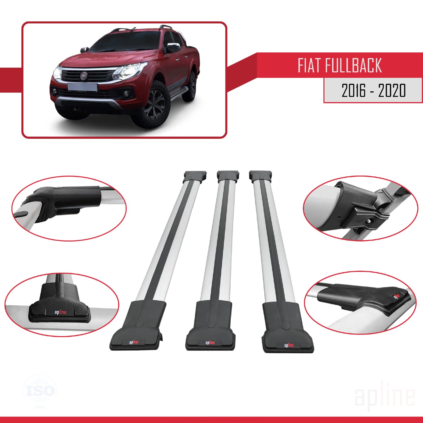 Compatible avec Fiat Fullback 2016-2020 FLY Model Barres de Toit Railing Porte-Bagages de Voiture Gris Aluminium 3 Barres