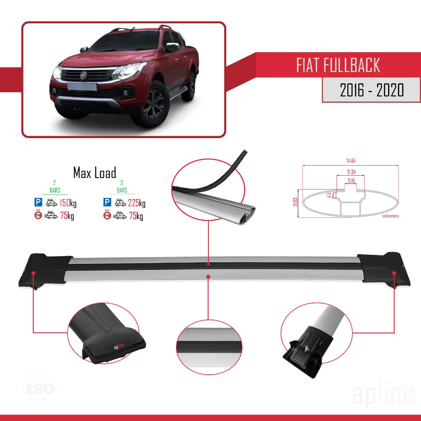 Compatibile con Fiat Fullback 2016-2020 FLY Model Barre Tetto Portapacchi Auto Barre Portatutto Grigo Alluminio 2 Barre