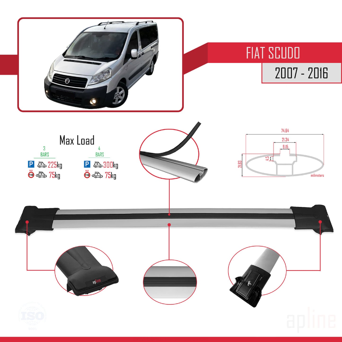 FLY Model Dakdrager bagagedrager compatibel met Fiat Scudo 2 2007-2016 Spoorstaven Grijs Aluminium 3 Staven