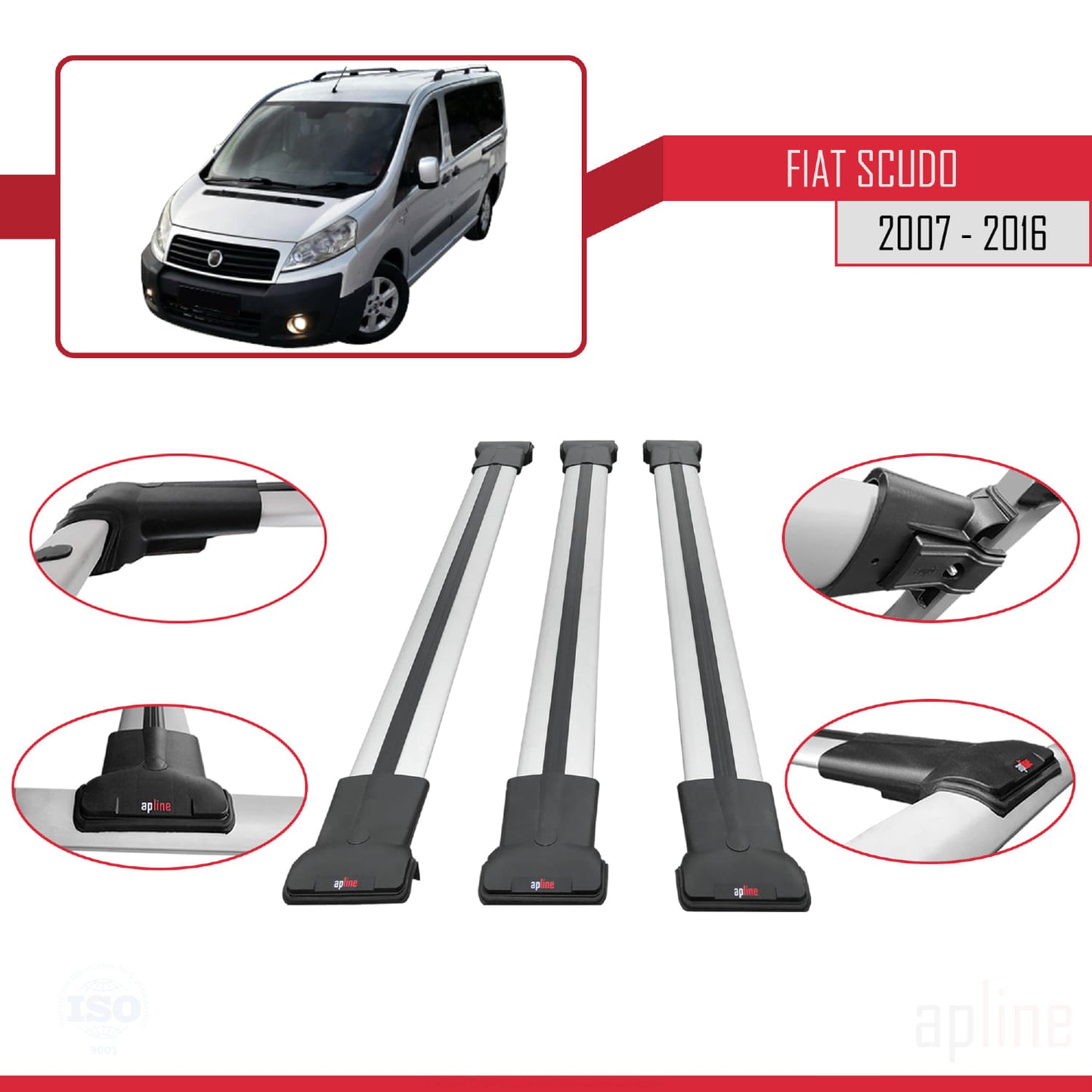 FLY Model Dakdrager bagagedrager compatibel met Fiat Scudo 2 2007-2016 Spoorstaven Grijs Aluminium 3 Staven