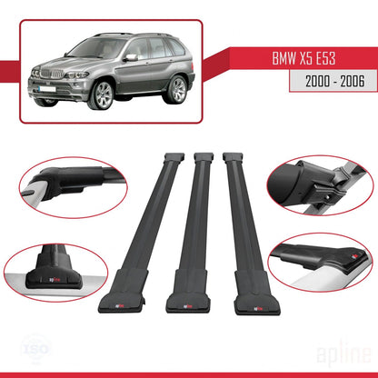 Compatible avec BMW X5 (E53) 2000-2006 FLY Model Barres de Toit Railing Porte-Bagages de Voiture Noir Aluminium 3 Barres