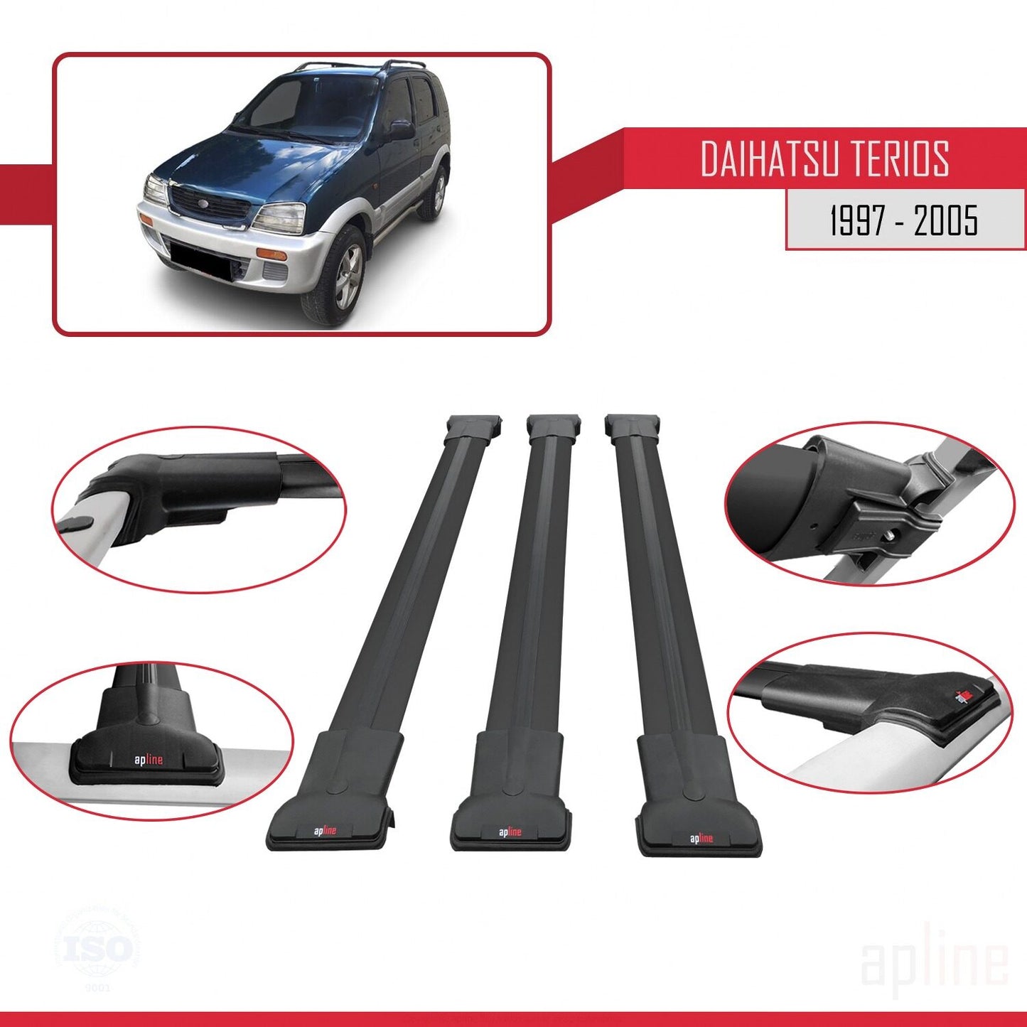 Compatible avec Daihatsu Terios (J100) 1997-2005 FLY Model Barres de Toit Railing Porte-Bagages de Voiture Noir Aluminium 3 Barres