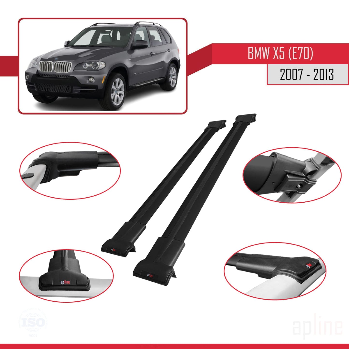 Compatibile con BMW X5 (E70) 2007-2013 FLY Model Barre Tetto Portapacchi Auto Barre Portatutto Nero Alluminio 2 Barre