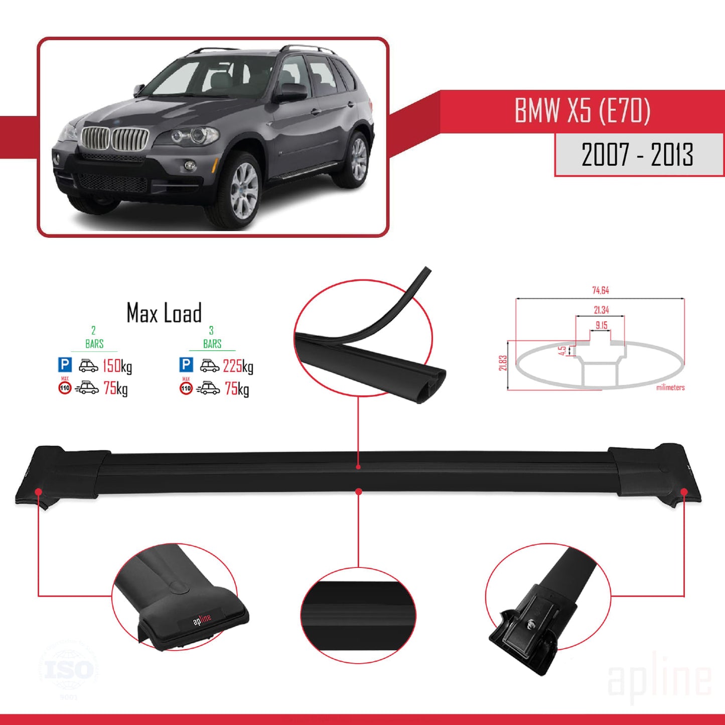 Compatibile con BMW X5 (E70) 2007-2013 FLY Model Barre Tetto Portapacchi Auto Barre Portatutto Nero Alluminio 2 Barre