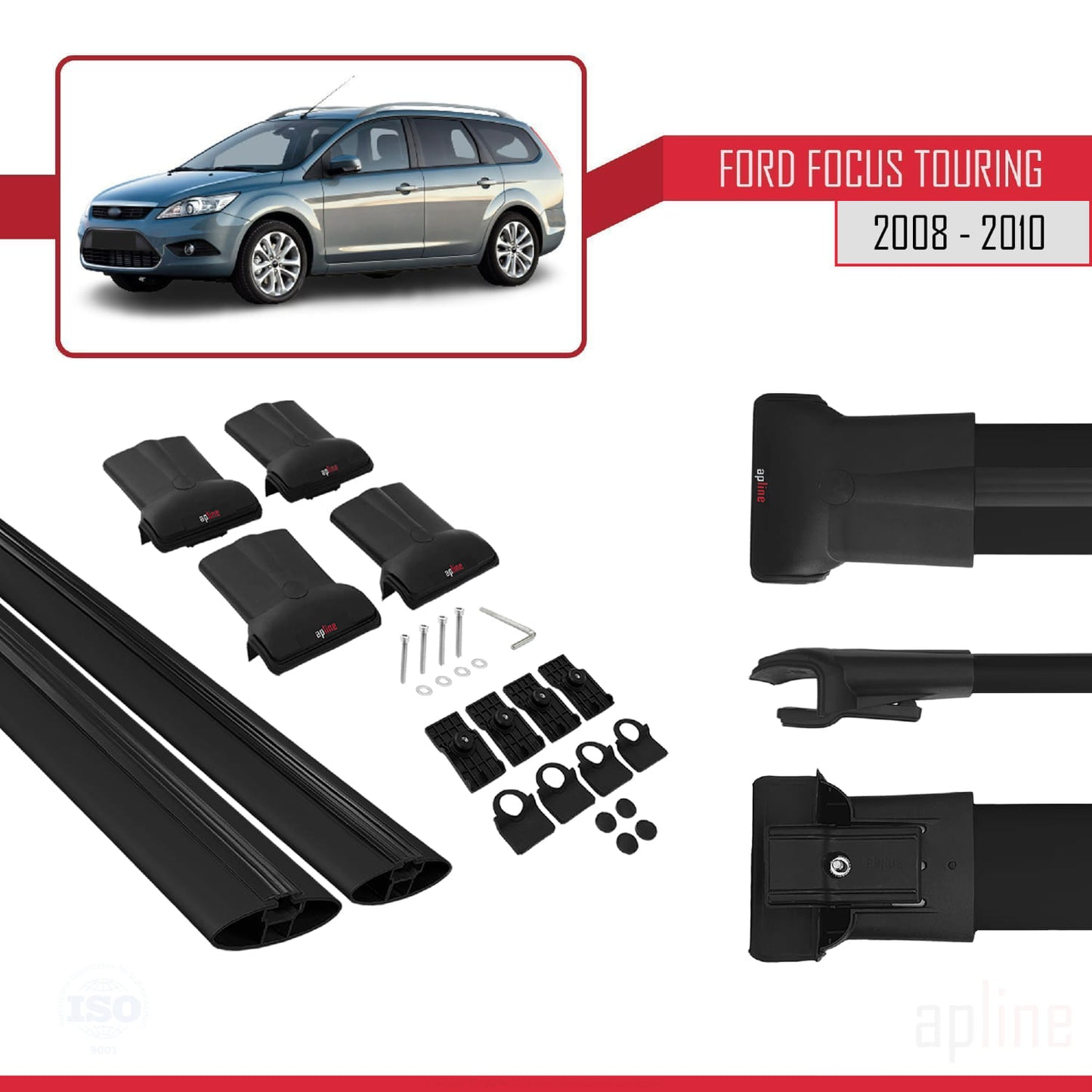 Compatible avec Ford Focus 2 (C307) Turnier 2008-2010 FLY Model Barres de Toit Railing Porte-Bagages de Voiture Noir Aluminium 2 Barres