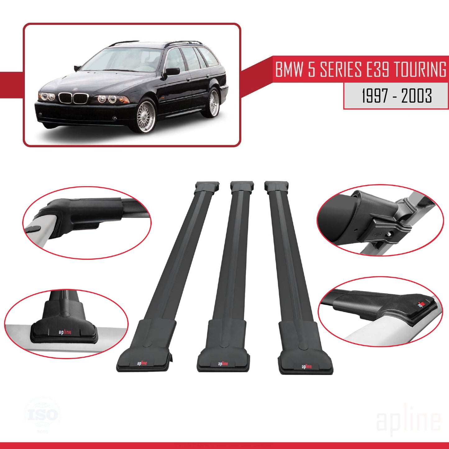 Compatible avec BMW Série 5 (E39) Touring 1997-2003 FLY Model Barres de Toit Railing Porte-Bagages de Voiture Noir Aluminium 3 Barres