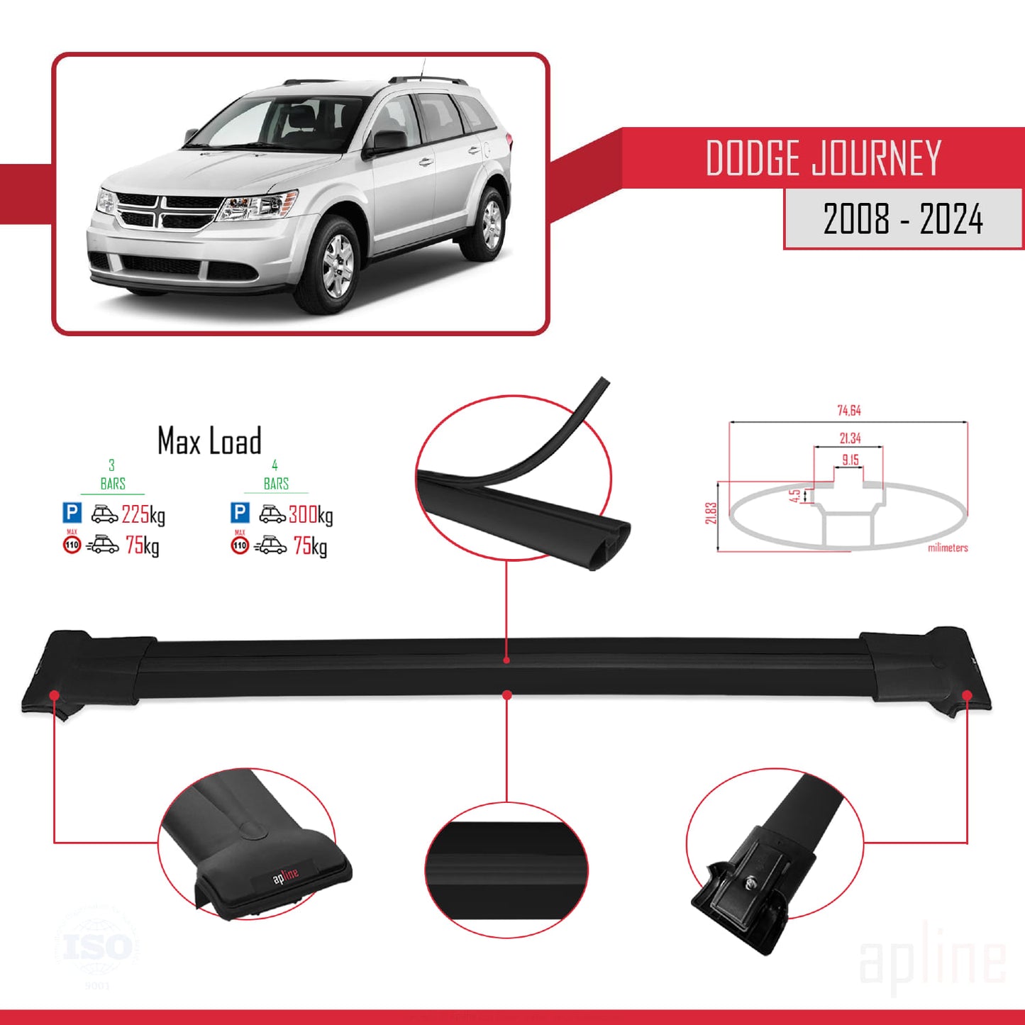 Compatible avec Dodge Journey 2008-2024 FLY Model Barres de Toit Railing Porte-Bagages de Voiture Noir Aluminium 3 Barres