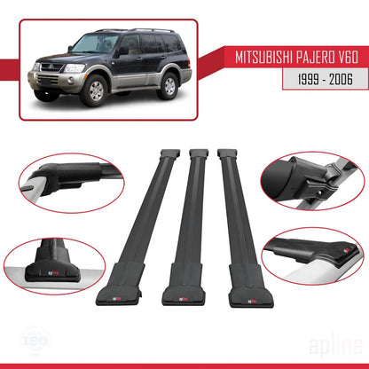 Compatible avec Mitsubishi Pajero (V60) 5 portes 1999-2006 FLY Model Barres de Toit Railing Porte-Bagages de Voiture Noir Aluminium 3 Barres