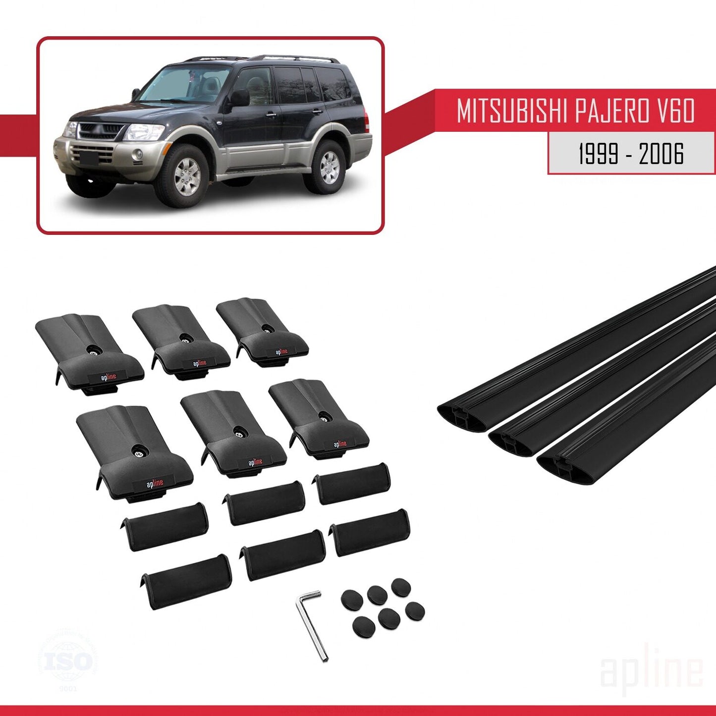 Compatible avec Mitsubishi Pajero (V60) 5 portes 1999-2006 FLY Model Barres de Toit Railing Porte-Bagages de Voiture Noir Aluminium 3 Barres