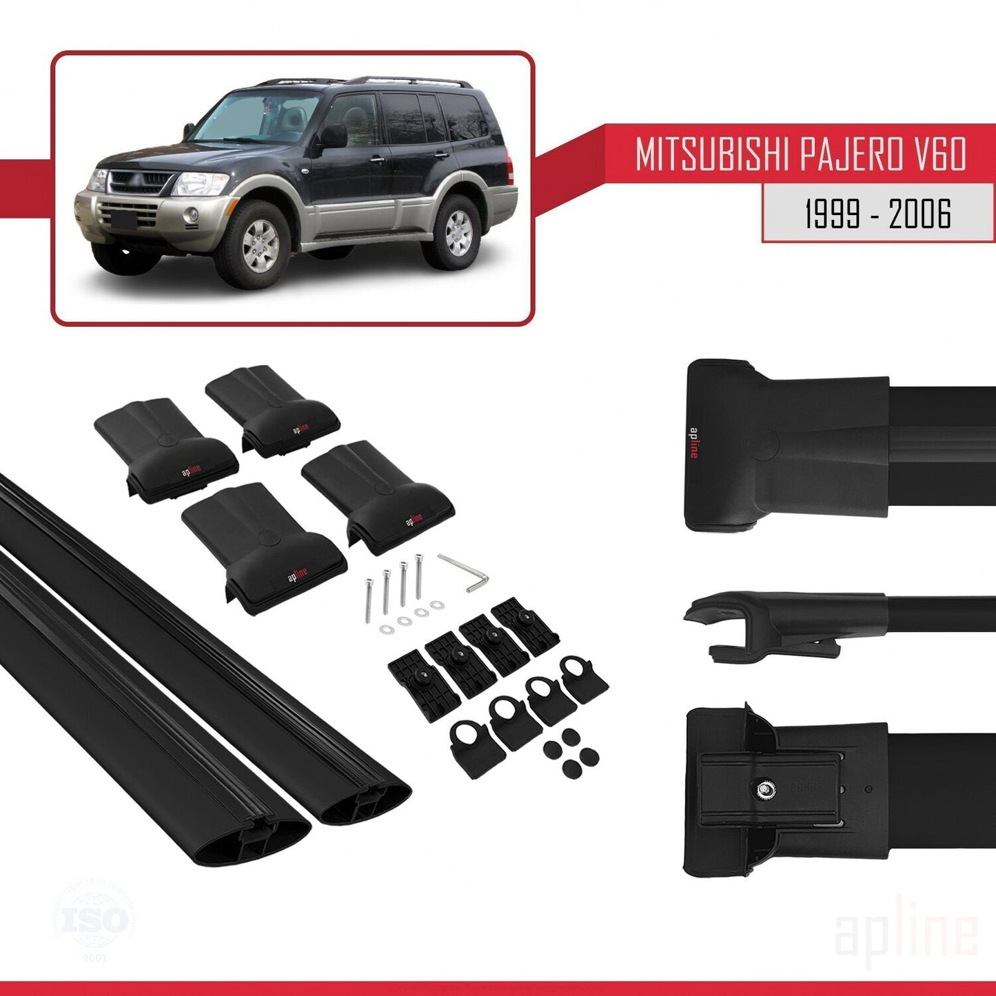 Compatible avec Mitsubishi Pajero (V60) 5 Kapı 1999-2006 FLY Model Barres de Toit Railing Porte-Bagages de Voiture Noir Aluminium 2 Barres