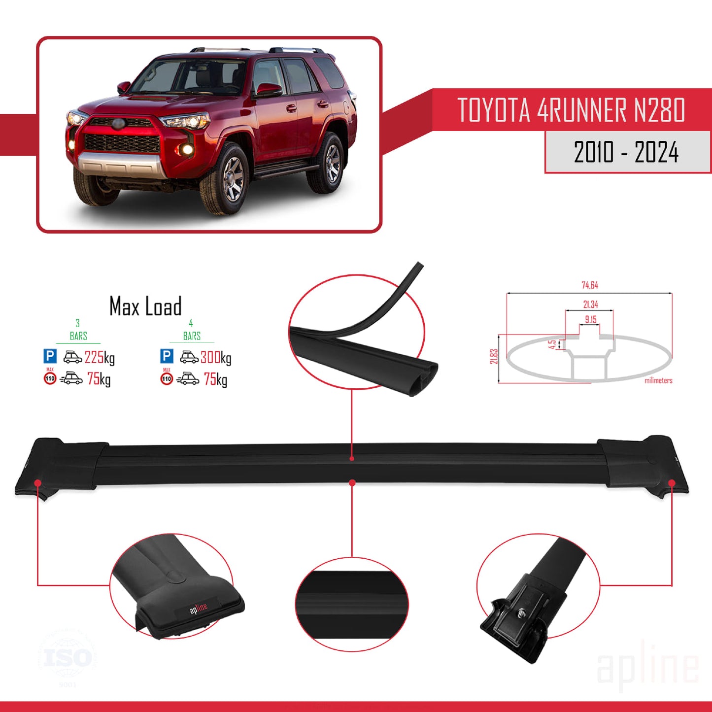 Compatible avec Toyota 4Runner (N280) 2010-2024 FLY Model Barres de Toit Railing Porte-Bagages de Voiture Noir Aluminium 3 Barres