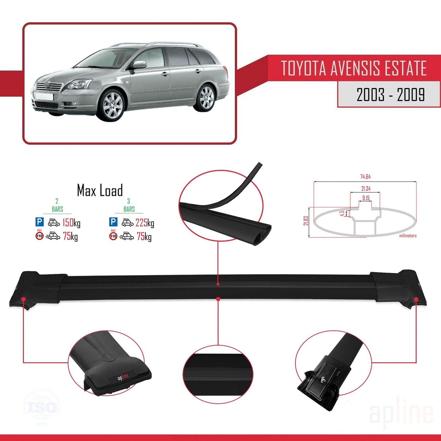 Kompatibel mit Toyota Avensis Combi 2003-2009 FLY Model Relingträger Dachträger Auto Gepäckträger Schwarz Aluminium 2 Stangen