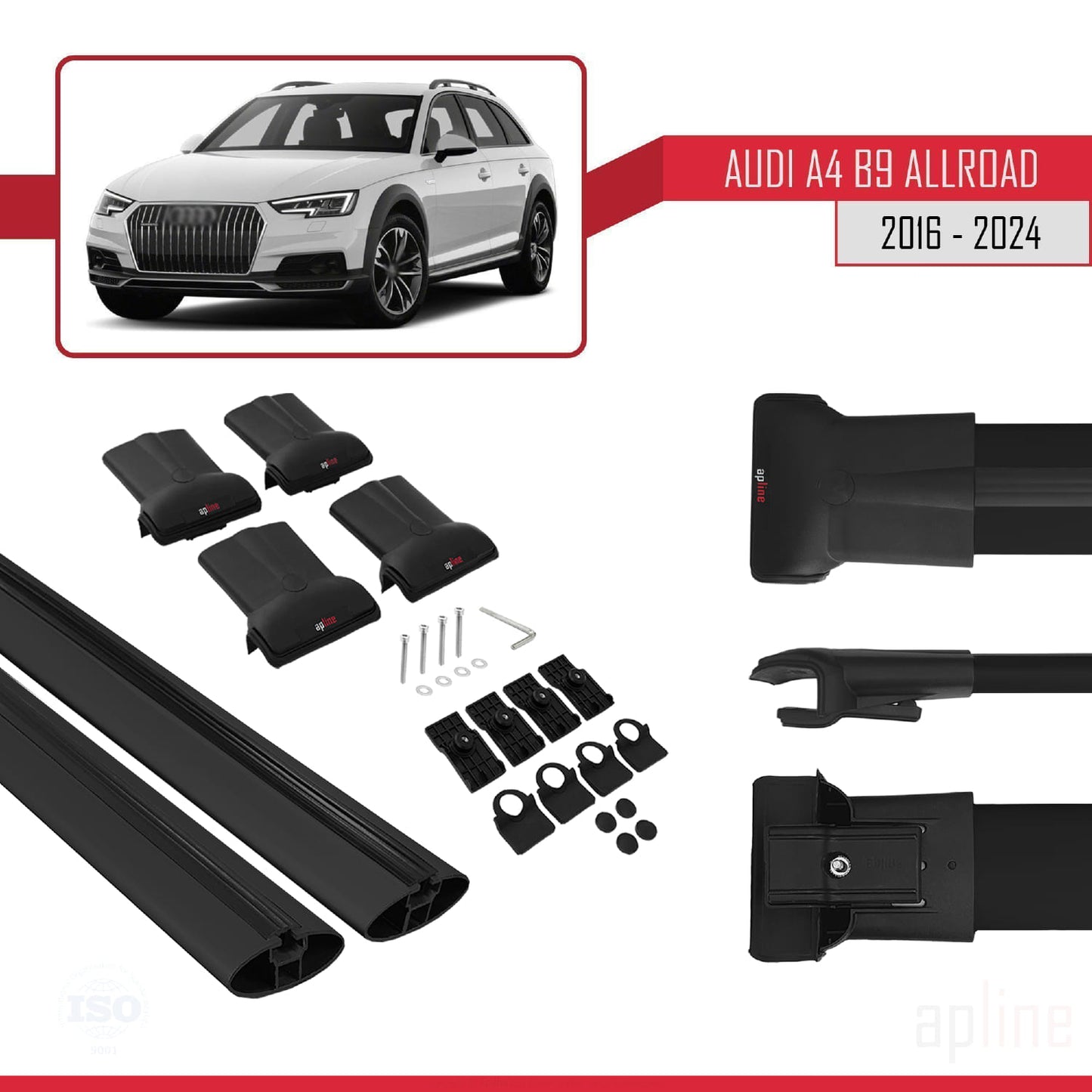 Compatible avec A4 (B9) Allroad 2016-2025 FLY Model Barres de Toit Railing Porte-Bagages de Voiture Noir Aluminium 2 Barres