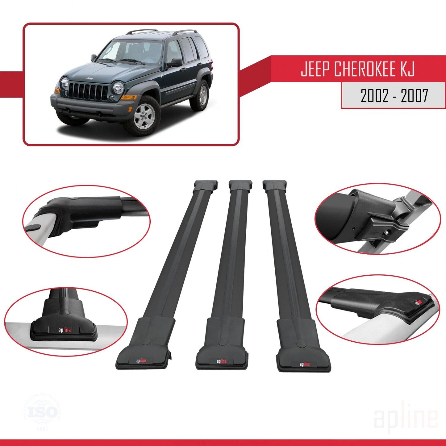 Compatible avec Jeep Cherokee 3 (KJ) 2002-2007 FLY Model Barres de Toit Railing Porte-Bagages de Voiture Noir Aluminium 3 Barres