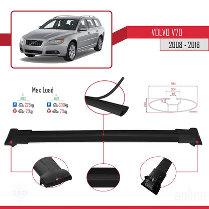 Compatible avec Volvo V70 III 2008-2016 FLY Model Barres de Toit Railing Porte-Bagages de Voiture Noir Aluminium 3 Barres