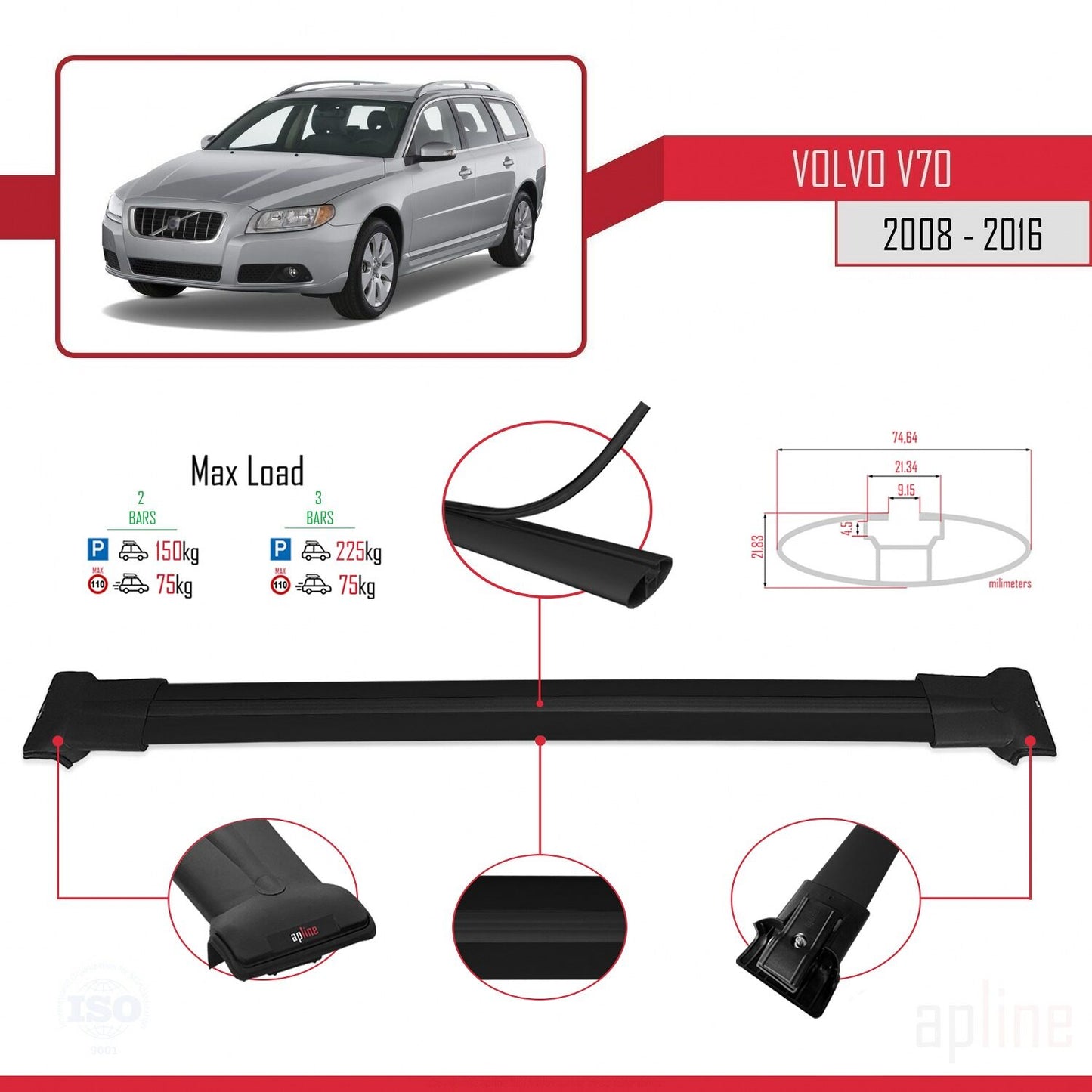 Compatible avec Volvo V70 III 2008-2016 FLY Model Barres de Toit Railing Porte-Bagages de Voiture Noir Aluminium 2 Barres