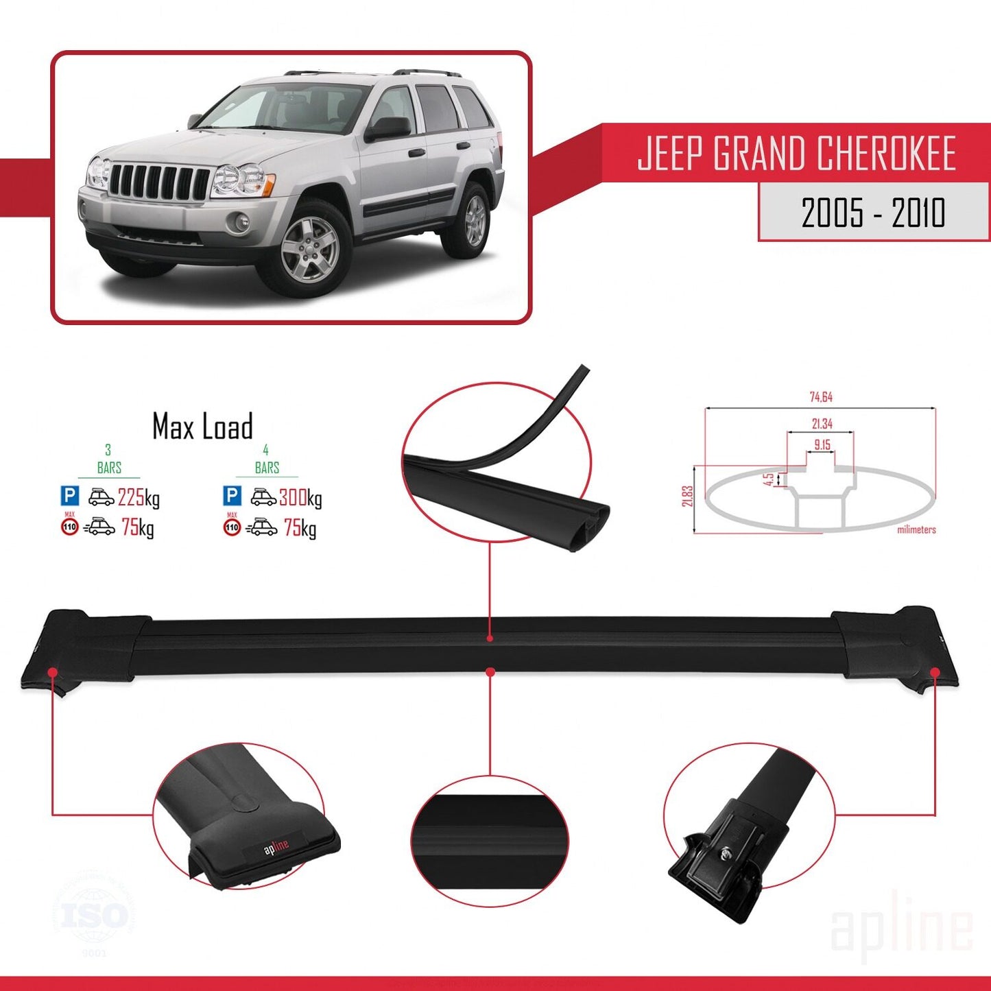 Compatibile con Jeep Grand Cherokee 3 (WK) 2005-2010 FLY Model Barre Tetto Portapacchi Auto Barre Portatutto Nero Alluminio 3 Barre