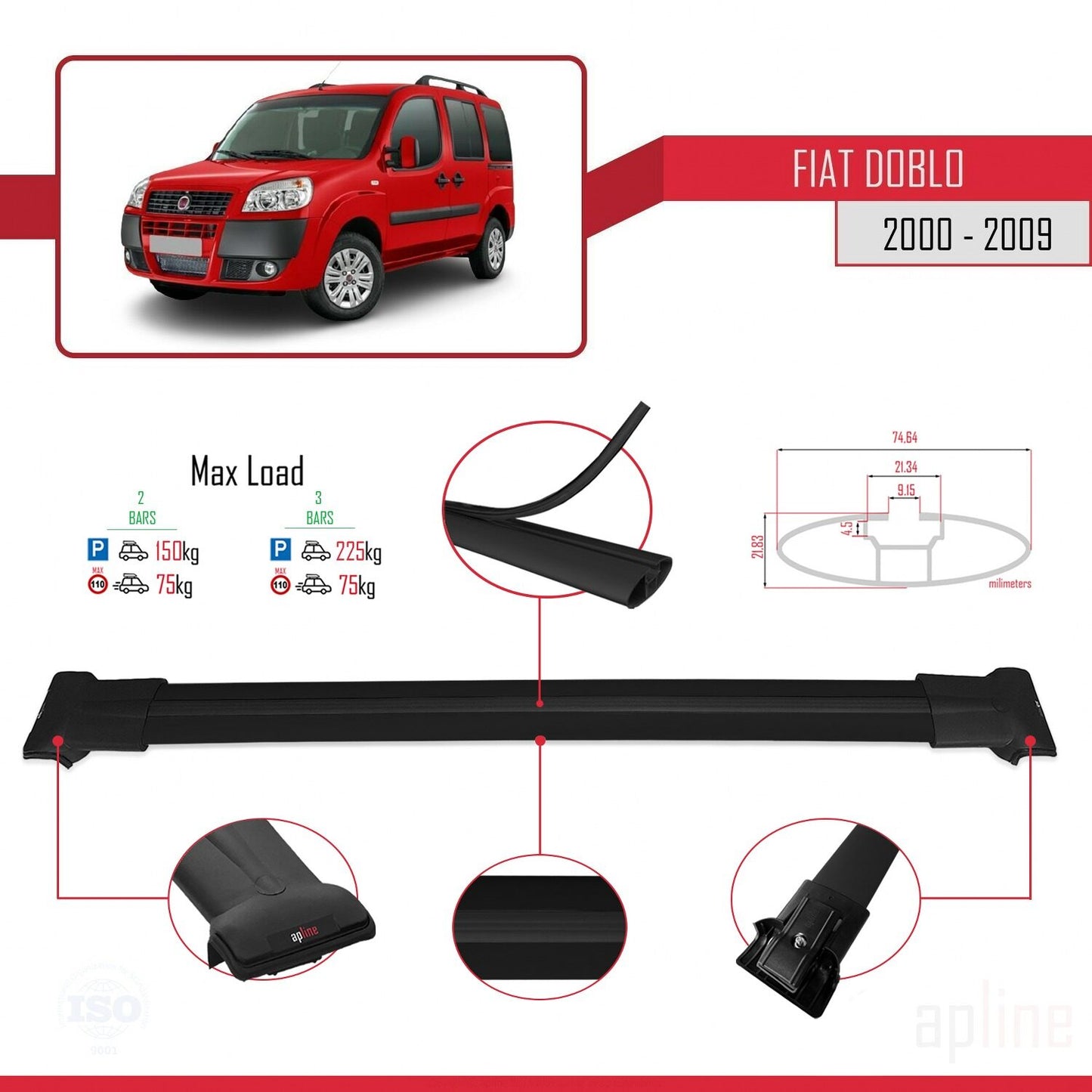 Compatible avec Fiat Doblo 2000-2009 FLY Model Barres de Toit Railing Porte-Bagages de Voiture Noir Aluminium 2 Barres