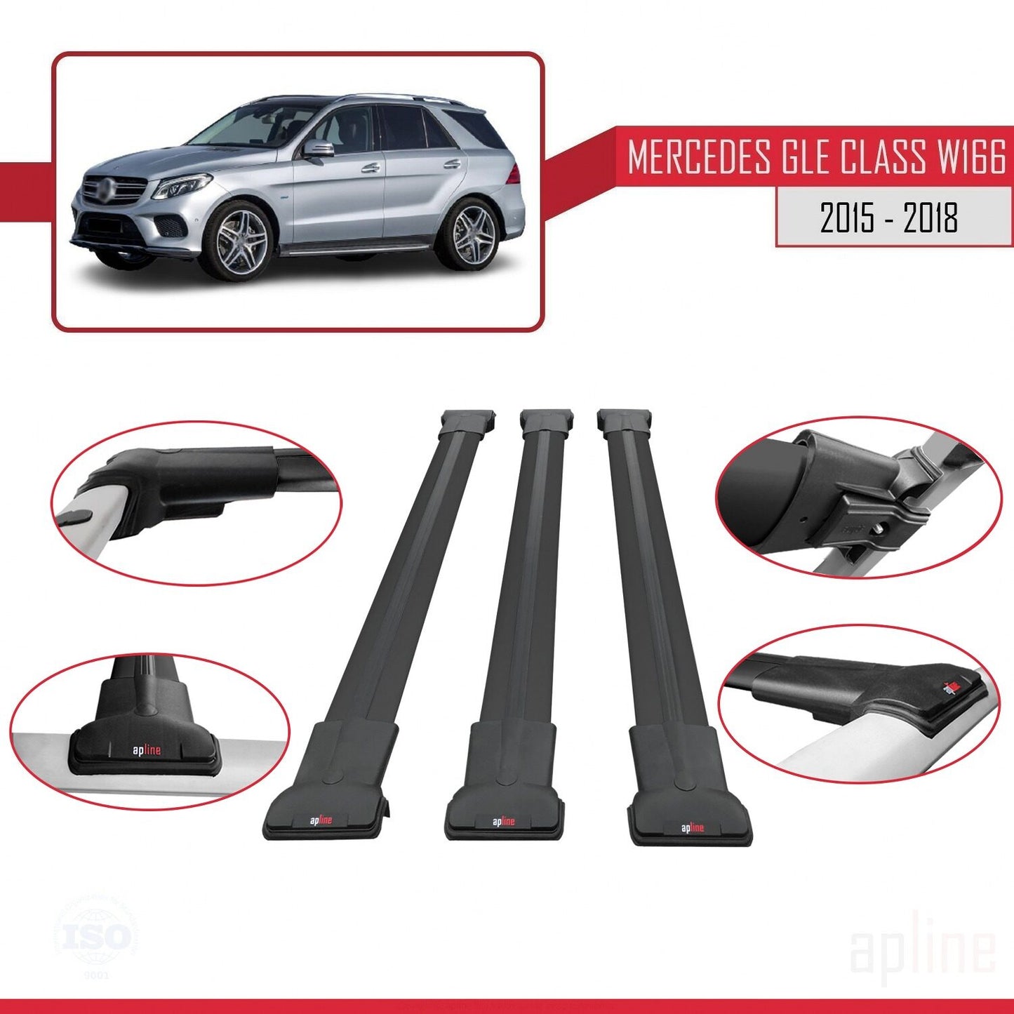 Kompatibel mit Mercedes GLE Klasse 3 (W166) 2015-2018 FLY Model Relingträger Dachträger Auto Gepäckträger Schwarz Aluminium 3 Stangen