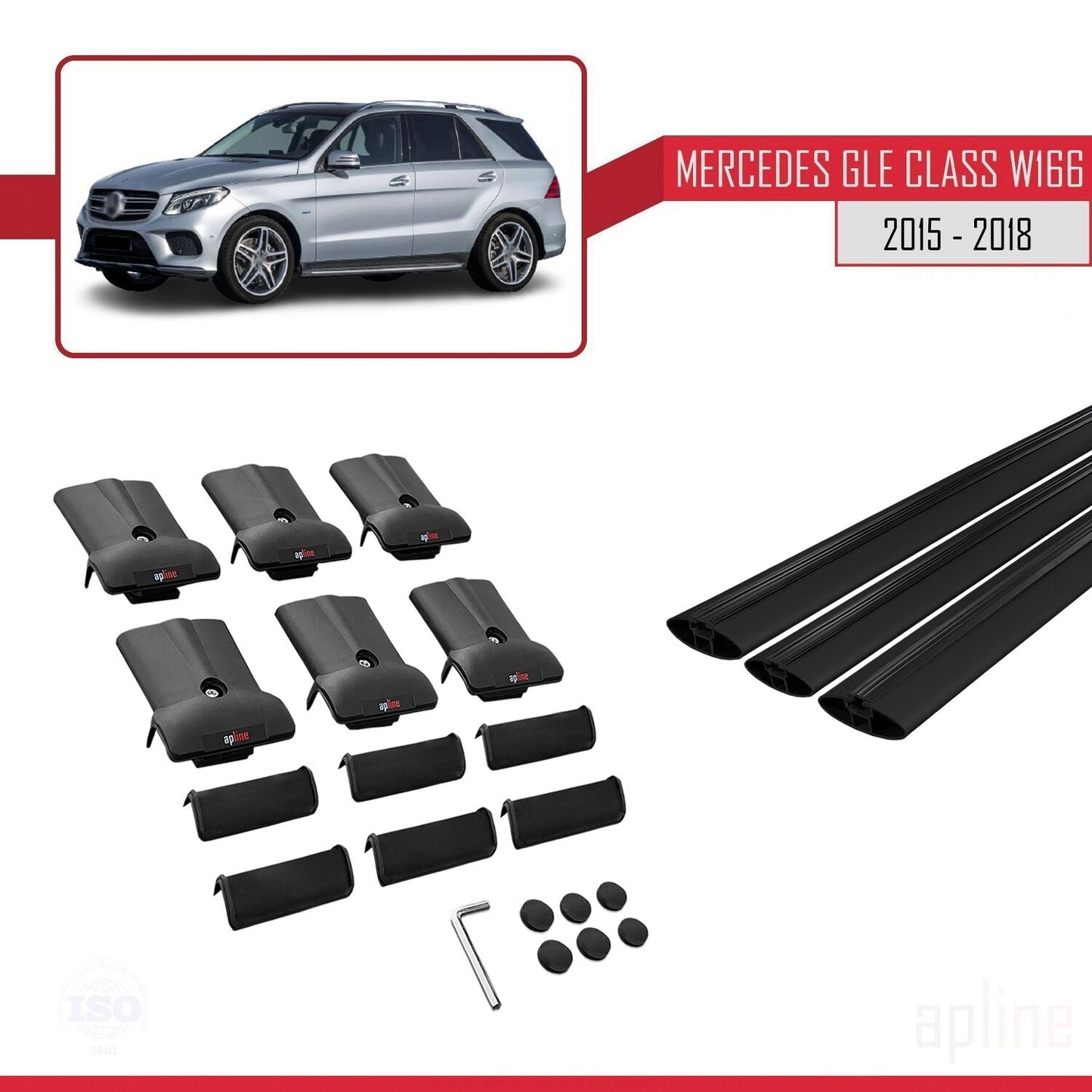 Kompatibel mit Mercedes GLE Klasse 3 (W166) 2015-2018 FLY Model Relingträger Dachträger Auto Gepäckträger Schwarz Aluminium 3 Stangen