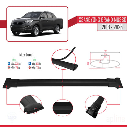 Compatibile con Ssangyong Grand Musso 2018-2025 FLY Model Barre Tetto Portapacchi Auto Barre Portatutto Nero Alluminio 3 Barre