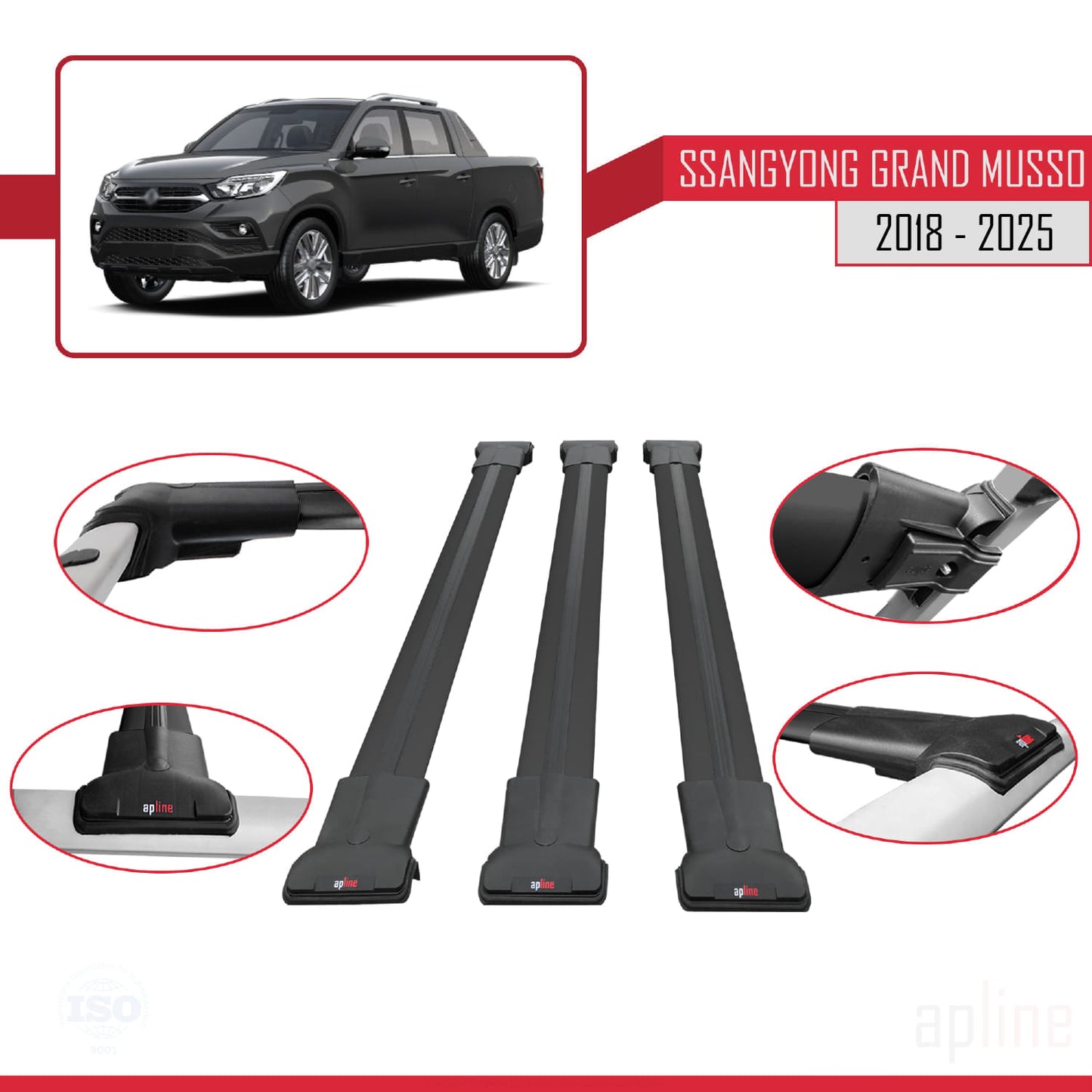 Compatibile con Ssangyong Grand Musso 2018-2025 FLY Model Barre Tetto Portapacchi Auto Barre Portatutto Nero Alluminio 3 Barre