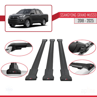 Compatibile con Ssangyong Grand Musso 2018-2025 FLY Model Barre Tetto Portapacchi Auto Barre Portatutto Nero Alluminio 3 Barre