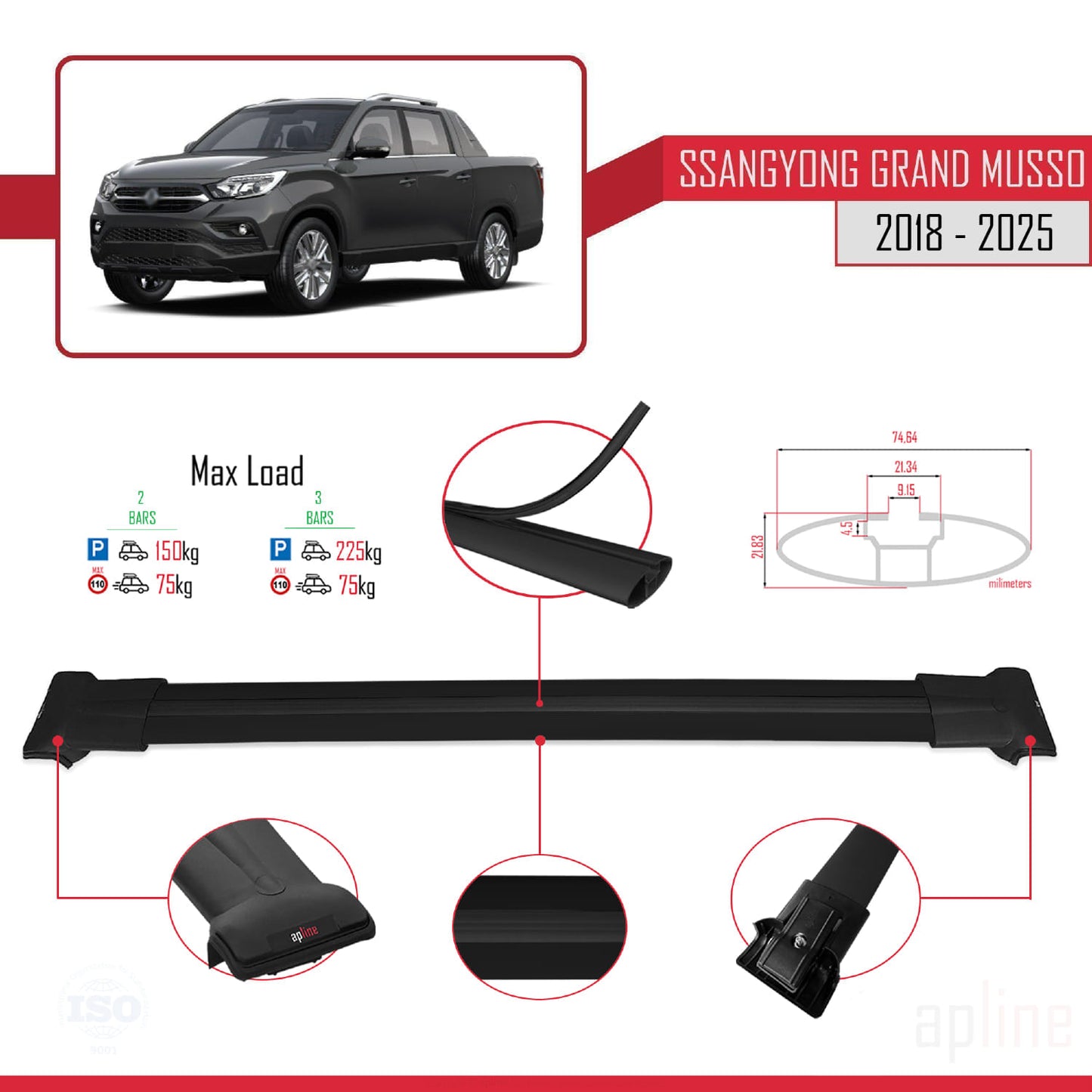 Compatibile con Ssangyong Grand Musso 2018-2025 FLY Model Barre Tetto Portapacchi Auto Barre Portatutto Nero Alluminio 2 Barre