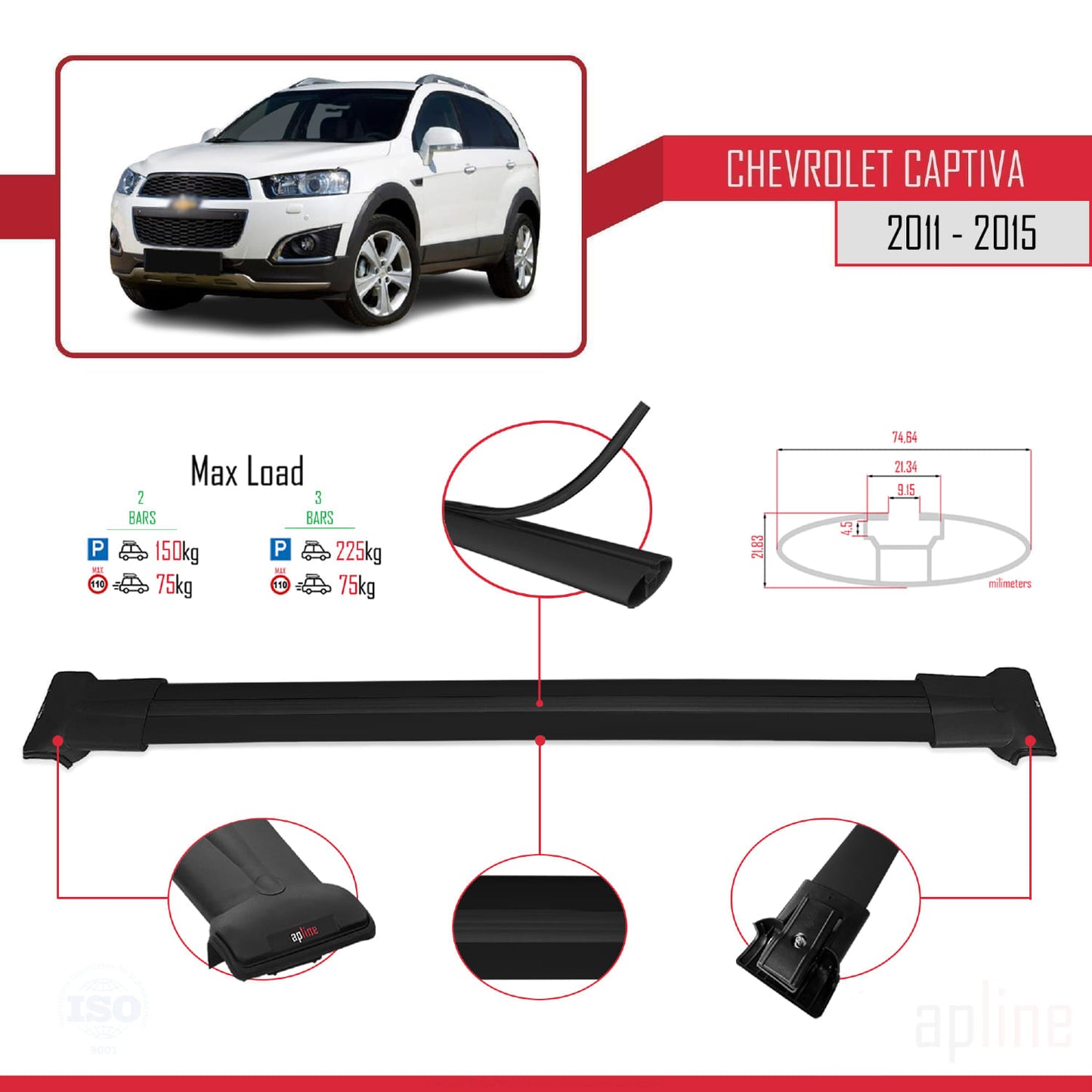 Kompatibel mit Chevrolet Captiva 2011-2015 FLY Model Relingträger Dachträger Auto Gepäckträger Schwarz Aluminium 2 Stangen