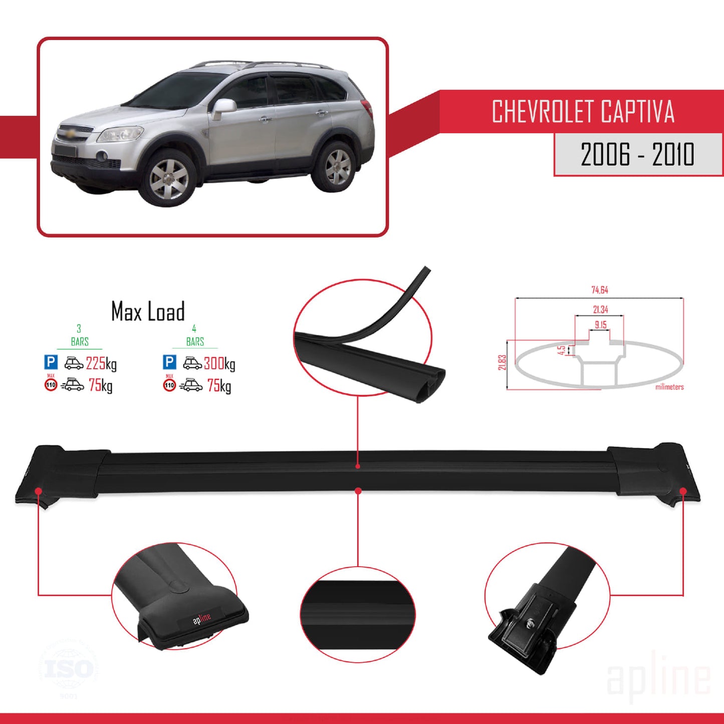Kompatibel mit Chevrolet Captiva 2006-2010 FLY Model Relingträger Dachträger Auto Gepäckträger Schwarz Aluminium 3 Stangen