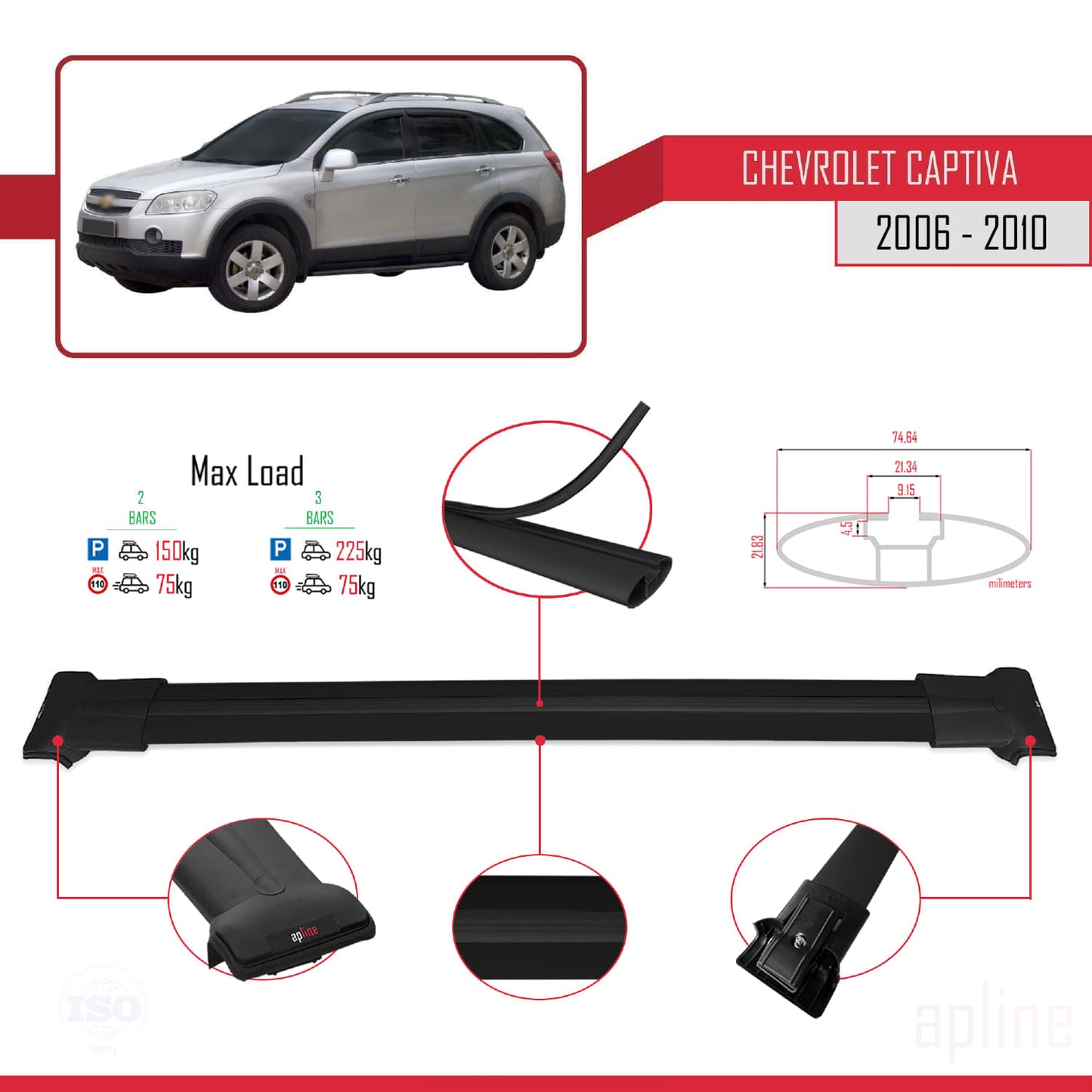 Kompatibel mit Chevrolet Captiva 2006-2010 FLY Model Relingträger Dachträger Auto Gepäckträger Schwarz Aluminium 2 Stangen
