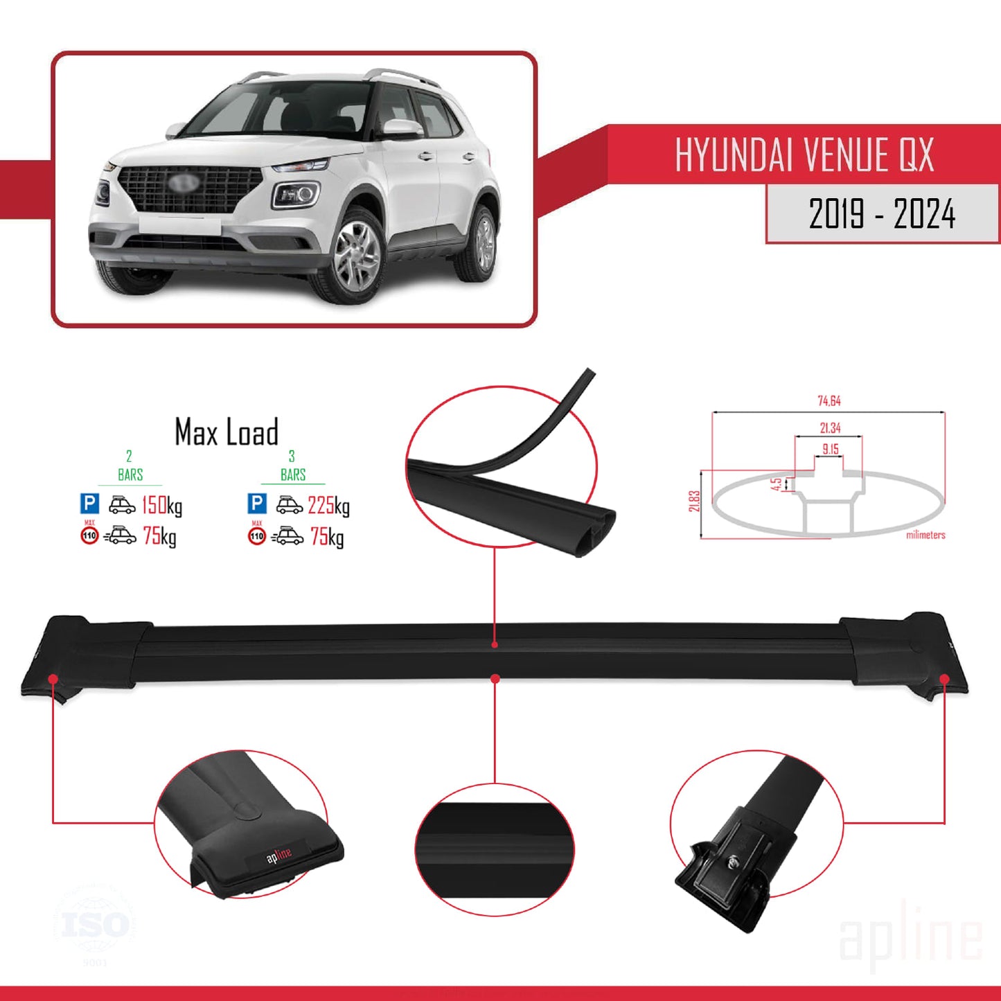 Compatibile con Hyundai Venue (QX) 2019-2024 modello FLY Barre portatutto per auto Portapacchi in alluminio nero 2 barre