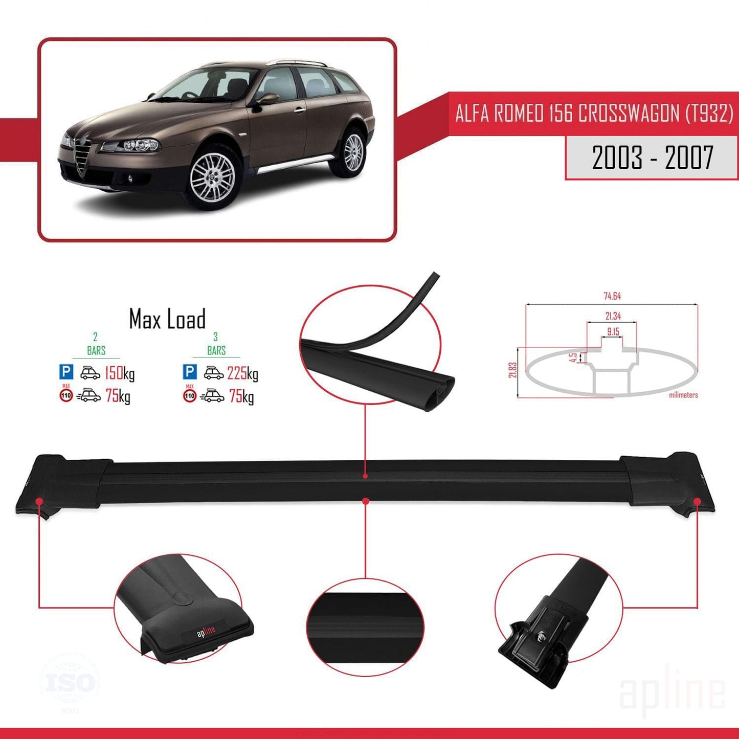 Compatible avec Alfa Romeo 156 (T932) Crosswagon 2003-2007 FLY Model Barres de Toit Railing Porte-Bagages de Voiture Noir Aluminium 2 Barres