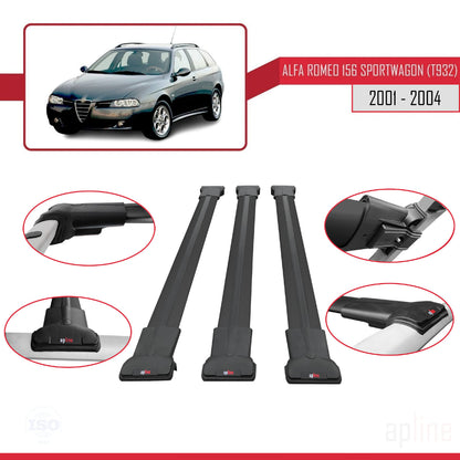 Compatibile con Alfa Romeo 156 (T932) Station Wagon 2000-2006 Modello FLY Barre Portatutto Portapacchi Auto Alluminio Nero 3 Barre