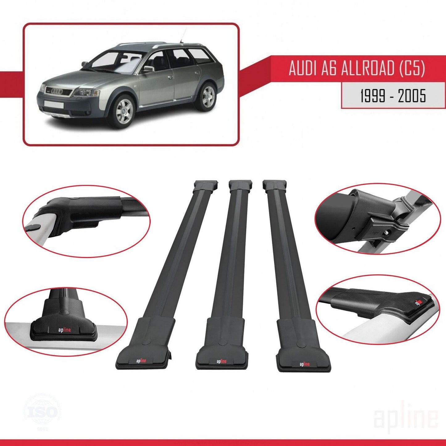 Compatible avec A6 (C5) Allroad 1999-2005 FLY Model Barres de Toit Railing Porte-Bagages de Voiture Noir Aluminium 3 Barres