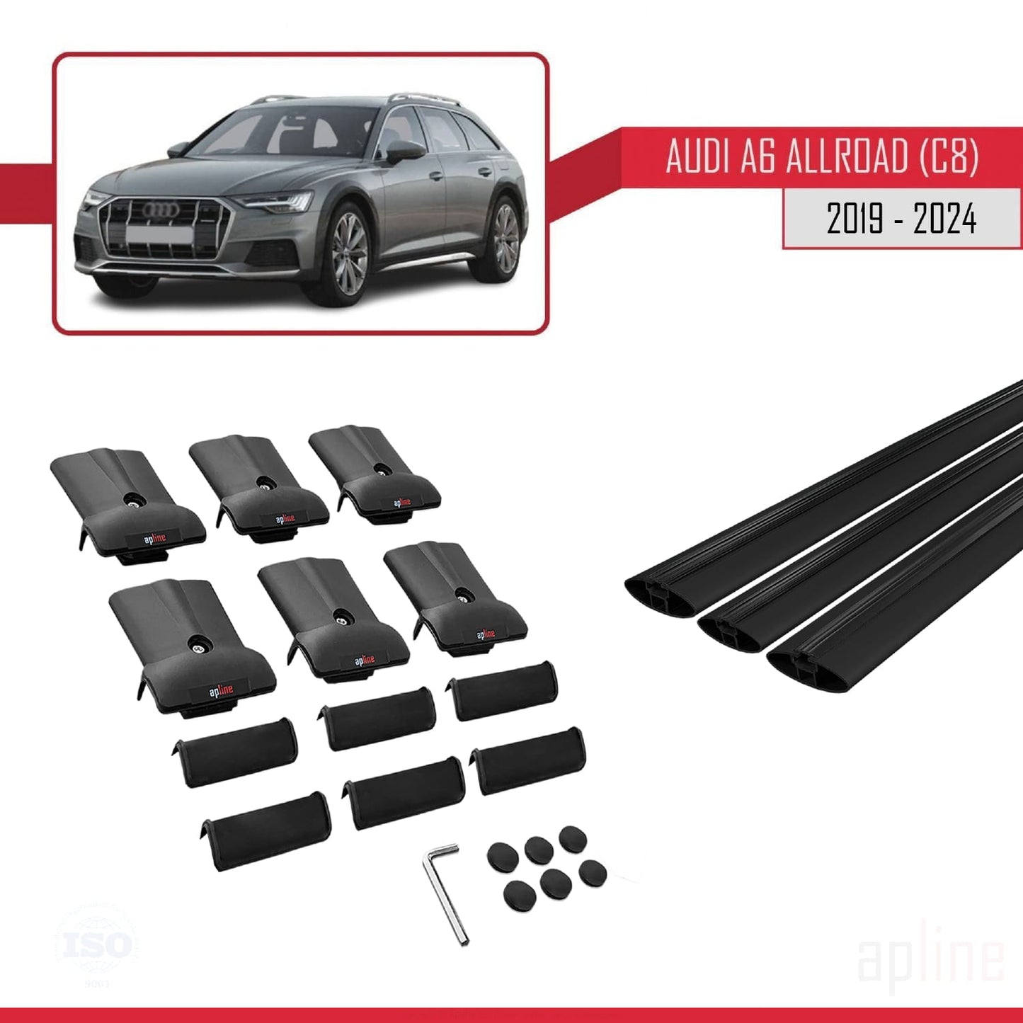 Compatible avec A6 (C8) Allroad 2019-2025 FLY Model Barres de Toit Railing Porte-Bagages de Voiture Noir Aluminium 3 Barres
