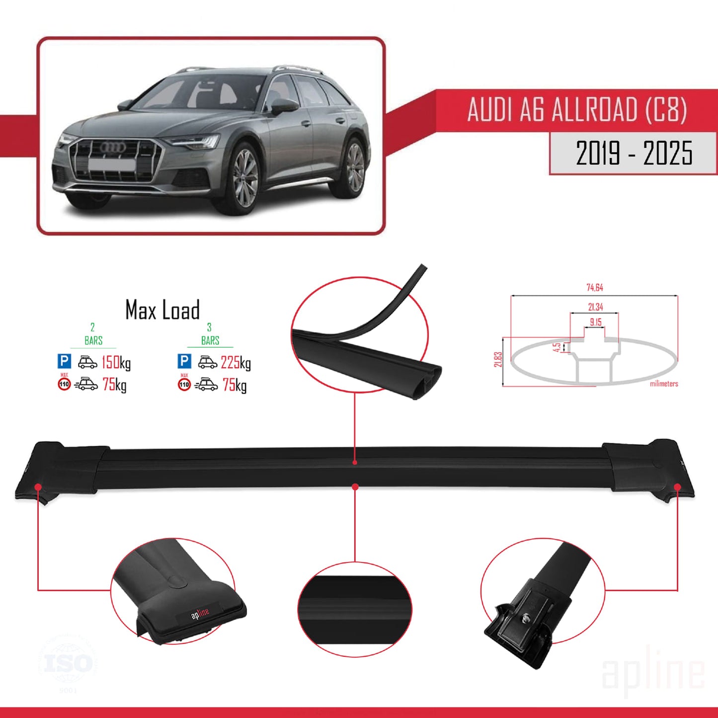 Compatible avec A6 (C8) Allroad 2019-2025 FLY Model Barres de Toit Railing Porte-Bagages de Voiture Noir Aluminium 2 Barres