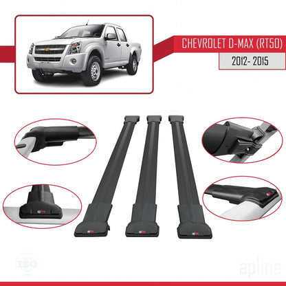 Compatible con Chevrolet D-Max (RT50) 2012-2015 FLY Model Barras de Techo Auto Portaequipajes Barras Transversales Negro Aluminio 3 Barras