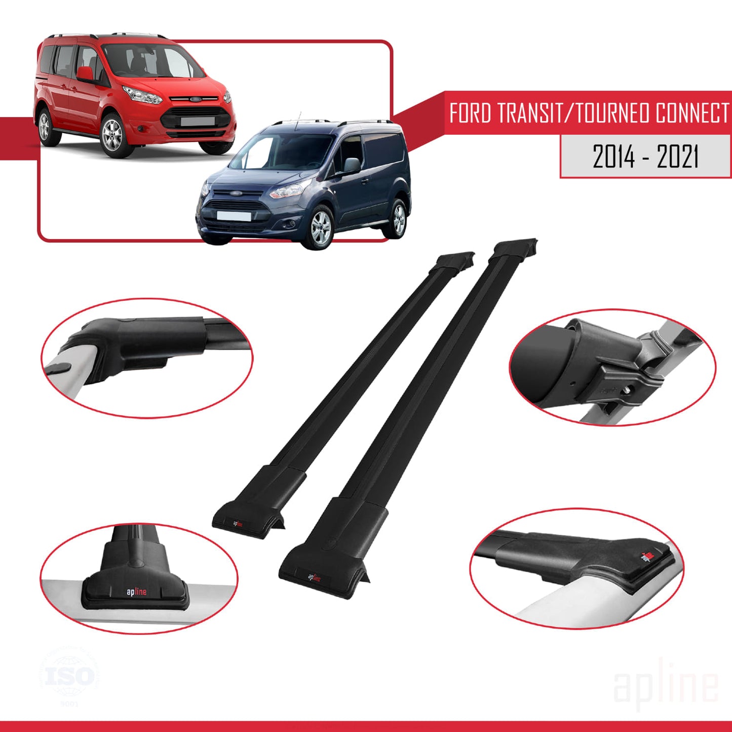 Compatibile con Ford Transit/Tourneo Connect 2 2014-2021 FLY Model Barre Tetto Portapacchi Auto Barre Portatutto Nero Alluminio 2 Barre