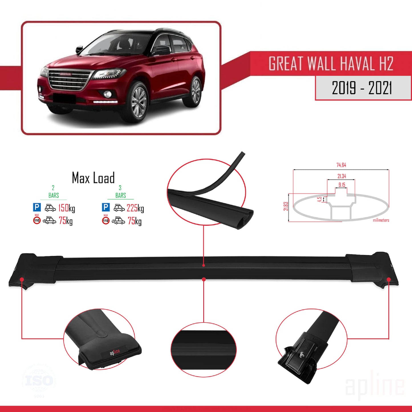 Compatible con Great Wall Haval H2 2019-2021 FLY Model Barras de Techo Auto Portaequipajes Barras Transversales Negro Aluminio 2 Barras