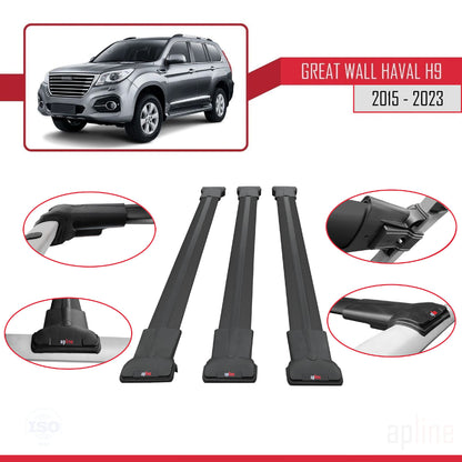 Compatible avec Great Wall Haval H9 2015-2023 FLY Model Barres de Toit Railing Porte-Bagages de Voiture Noir Aluminium 3 Barres