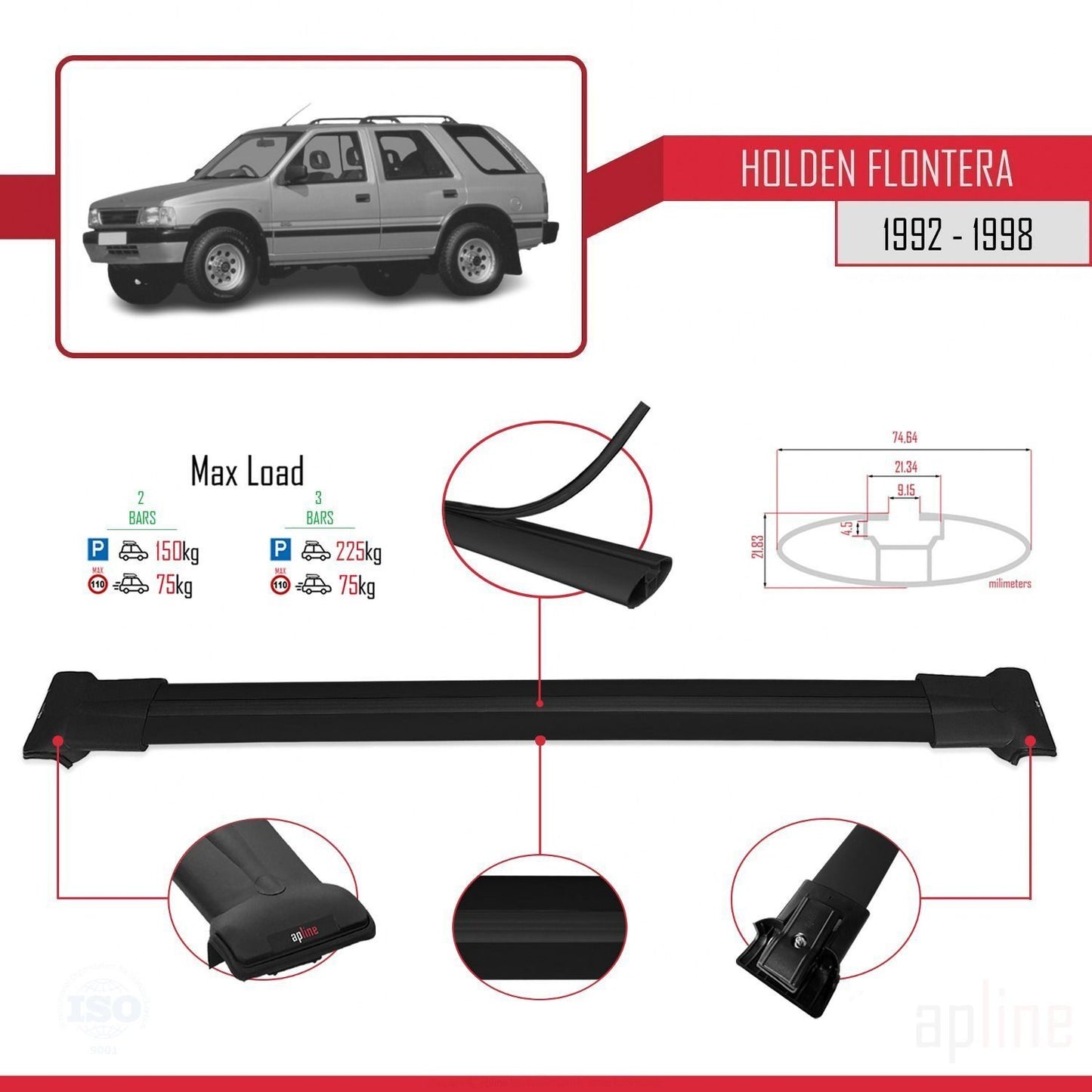 Compatible avec Holden Frontera 1992-1998 FLY Model Barres de Toit Railing Porte-Bagages de Voiture Noir Aluminium 2 Barres