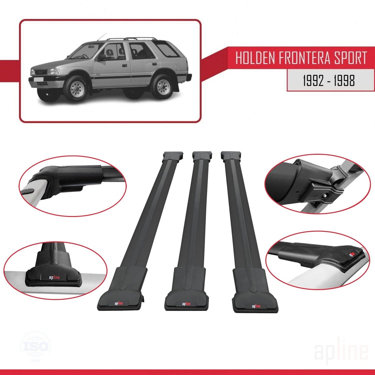 Compatible avec Holden Frontera Sport 1992-1998 FLY Model Barres de Toit Railing Porte-Bagages de Voiture Noir Aluminium 3 Barres