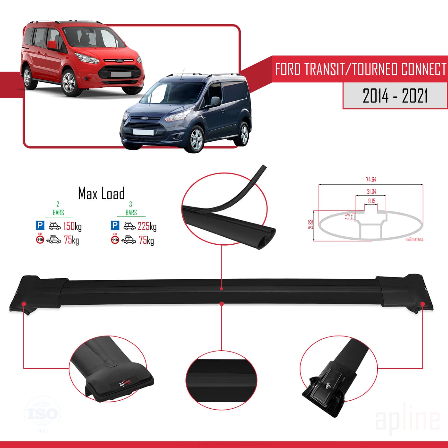 Compatibile con Ford Transit/Tourneo Connect 2 2014-2021 FLY Model Barre Tetto Portapacchi Auto Barre Portatutto Nero Alluminio 2 Barre